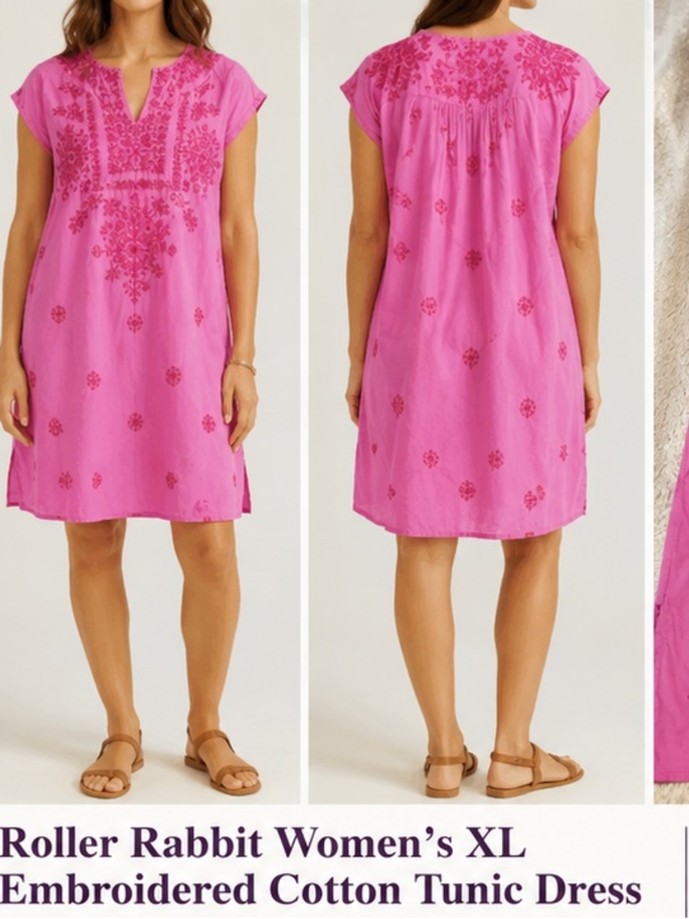 Roller Rabbit Hot Pink Embroidered Cotton Tunic Midi Dress
